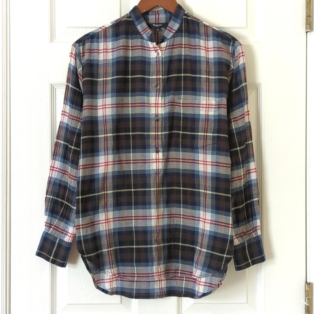 Madewell Plaid Classic Lightweight Oversized Henley Long Sleeve Top Navy Gray XS